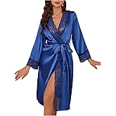 OYOANGLE Womens Silk Robe Long Lace Trim Satin Kimono Sleeve Sexy Soft Lightweight Vacation Sleepwear Robe