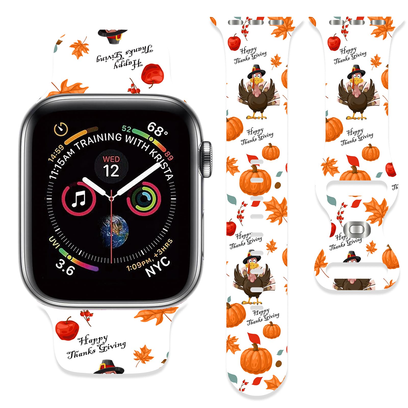 Thanksgiving Turkey Pumpkin Strap Compatible with Apple Watch Band 38mm 40mm 41mm 42mm 44mm 45mm 46mm 49mm Men Women,Soft Silicone Sport Wristbands for iWatch Ultra Series 11 10 9 8 7 6 5 4 3 2 1 SE