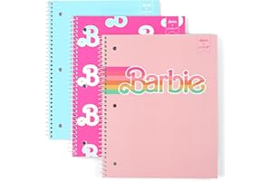 Yoobi Barbie X College Ruled Spiral Notebook Set – 3-Pack of 1 Subject Notebooks, Pink, Blue & Peach Barbie Designs – 100 Perforated 3-Hole Punched Sheets – 10.5” x 8”