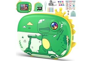 USTEETIC Kids Camera Instant Print, 20MP 1080P Ink Free Instant Print Camera, Dinosaur Instant Camera for Kids Aged 3-10, Toddler Camera for Kids Christmas Birthday Gifts (Green)