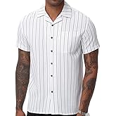 TUNEVUSE Men Hawaiian Shirt Vintage Striped Shirt Short Sleeve Summer Beach Causal Cuban Collar Shirt with Pocket
