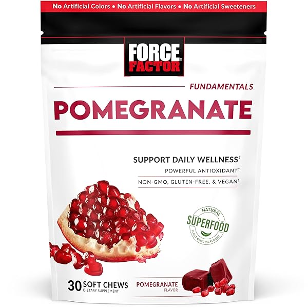 FORCE FACTOR POMEGRANATE SOFT CHEWS FOR HEALTHY AGING, HEART HEALTH, BONE HEALTH, & BRAIN HEALTH, SUPERFOOD & ANTIOXIDANTS SUPPLEMENT, NON-GMO, GLUTEN-FREE, VEGAN, POMEGRANATE FLAVOR, 30 SOFT CHEWS