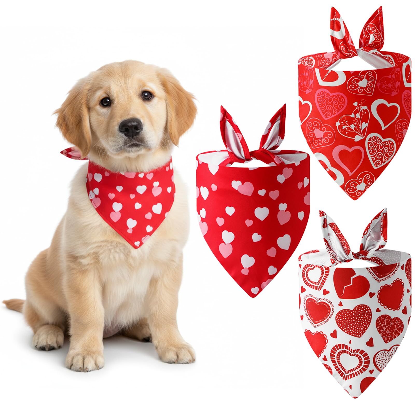 Photo 1 of 3 Pack Valentines Dog Bandanas Boy Girl Triangle Reversible Love Heart Dogs Scarfs Cat Pet Bibs Accessories Red Bandana for Birthday,Weddings,Parties and Holidays,Dog Valentines Outfit Gifts