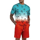 LecGee Men's 2 Piece Short Sleeve Tracksuit Tropical Graphic T Shirt Hawaiian Tee Solid Shorts Set Summer Casual Outfits