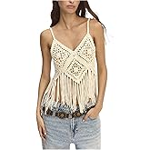 MakeMeChic Women's Crochet Cami Top Fringe Sleeveless Summer Beach Boho Knitted Crop Tops