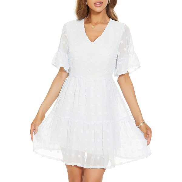 Women's Casual Short Dress With Puff Sleeves, Ruffle V-Neck & Pockets - Bow Print - View #9