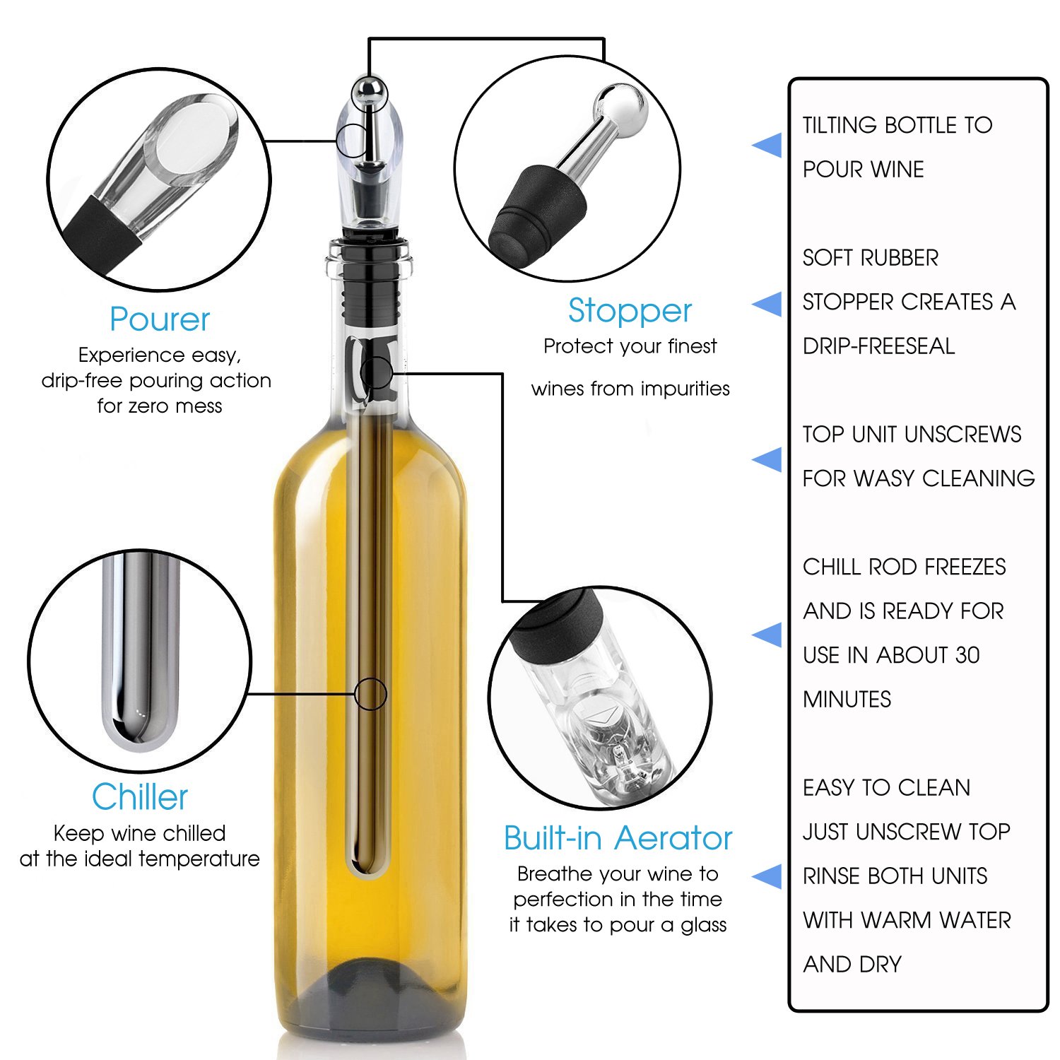 Firlar Wine Chiller Rod 4-in-1 18/8 304 Food-Safe Stainless Steel Wine Bottle Cooler Stick Freezer with Aerator and Pourer Decanter for Merlot Beer Whiskey Cocktails Grape