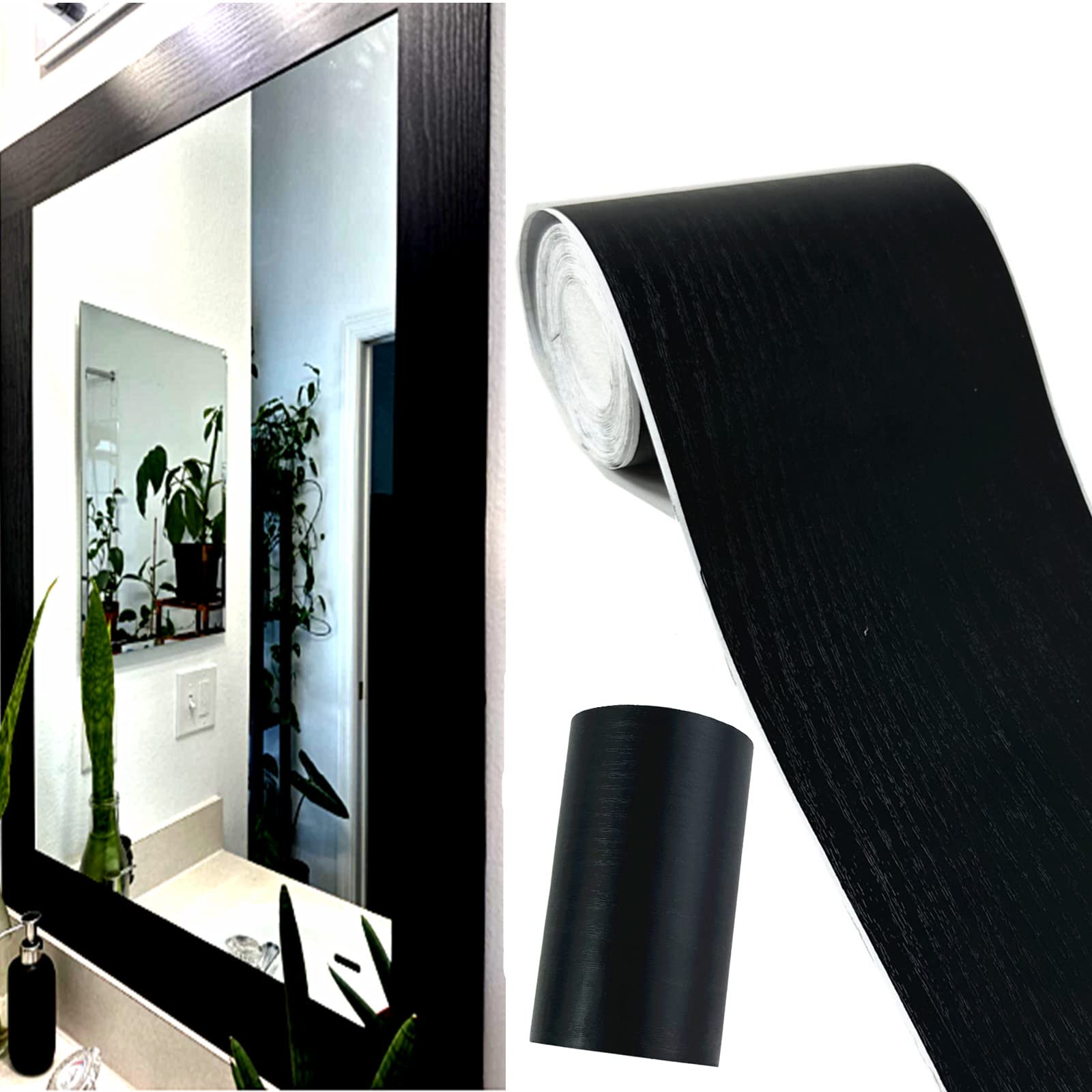 WDragon 10 Meters Black Wallpaper Border Black Wood Grain Border Peel and Stick Borders for Wall Backsplash Kitchen Bathroom Mirror Frame