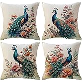 ULOVE LOVE YOURSELF 4Pack Peacock Throw Pillow Covers Only Watercolor Peacock Pillowcases with Floral Farmhouse Decorative Cushion Cover 18 X 18 Inch for Sofa/Couch/Porch (Beige)