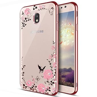 Kompatibel mit Galaxy J3 2017 Hülle,Schmetterling Blumen Glänzend Glitzer Strass Diamant Überzug TPU Silikon Hülle Tasche Durchsichtig Schutzhülle für Galaxy J3 2017 DUOS J330FD,Rose Gold Rosa Blumen