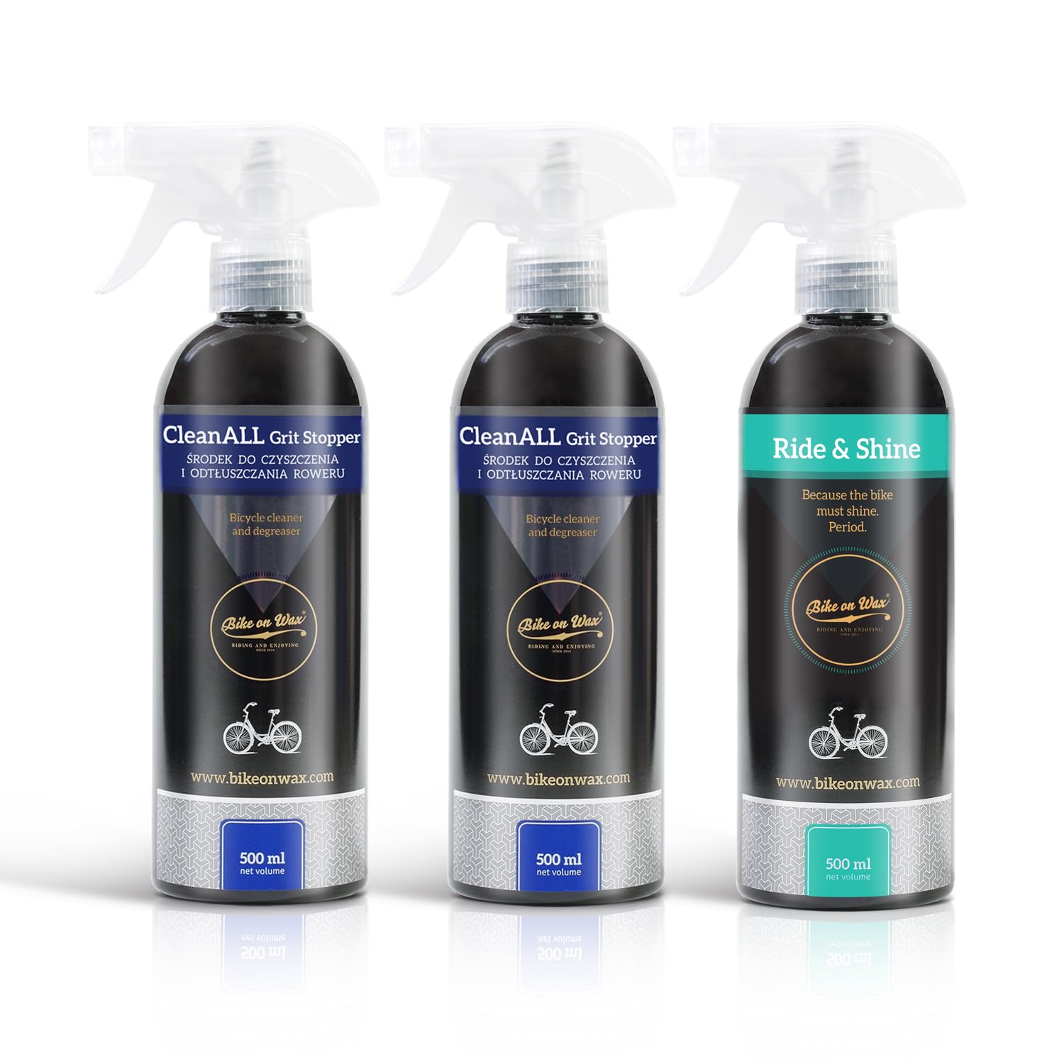 BIKE on Wax Slick Ride Set: 2x CleanALL Bike Cleaner & 1x Ride & Shine Polish - Deep Clean Bicycle Degreaser & Polishing - Concentrated Wash Removes Heavy Dirt & Gunk - All Purpose Grit Blaster