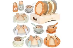 DREAMON Wooden Play Dishes and Plates for Kids Kitchen Set, 27 PCS Wooden Play Kitchen Accessories, Kitchen Toy for Toddlers Boys Girls 3 4 5 6