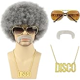 TUOFLY 70s Grey Afro Wig for Men 5Pcs Set (Wig+ Glasses+ Necklace+ Mustache+ Wig Cap) Natural Fluffy Afro Disco Costumes Wig Curly Synthetic Hair Wig for Halloween Chrismas Cosplay Party