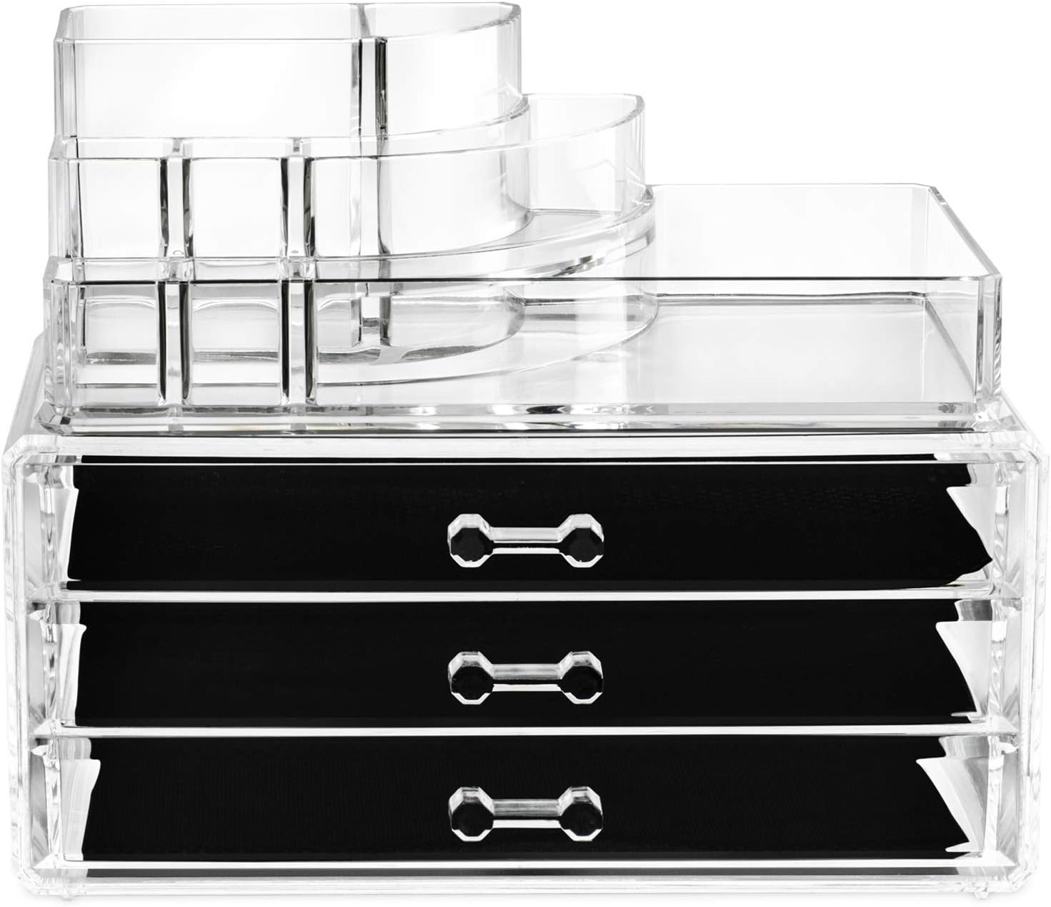 Acrylic Makeup Cosmetic Storage Organizer - 3 case drawer with 8 slot organizers for brush palette lipstick pens make up nailpolish lotion and creams! Countertop box tray drawers for vanity or bedroom
