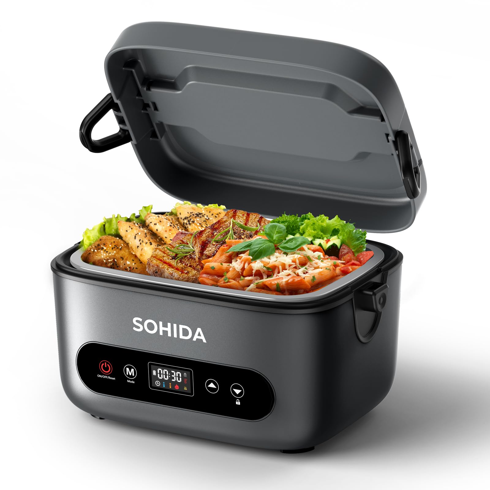 SOHIDA 100W Cordless Electric Lunch Box for Adults & Men, Rechargeable Battery Powered Heated Lunch Box, 1.2L Portable Food Warmer Lunchbox with 5-Sided Heating for Work Car Outdoor Use Image