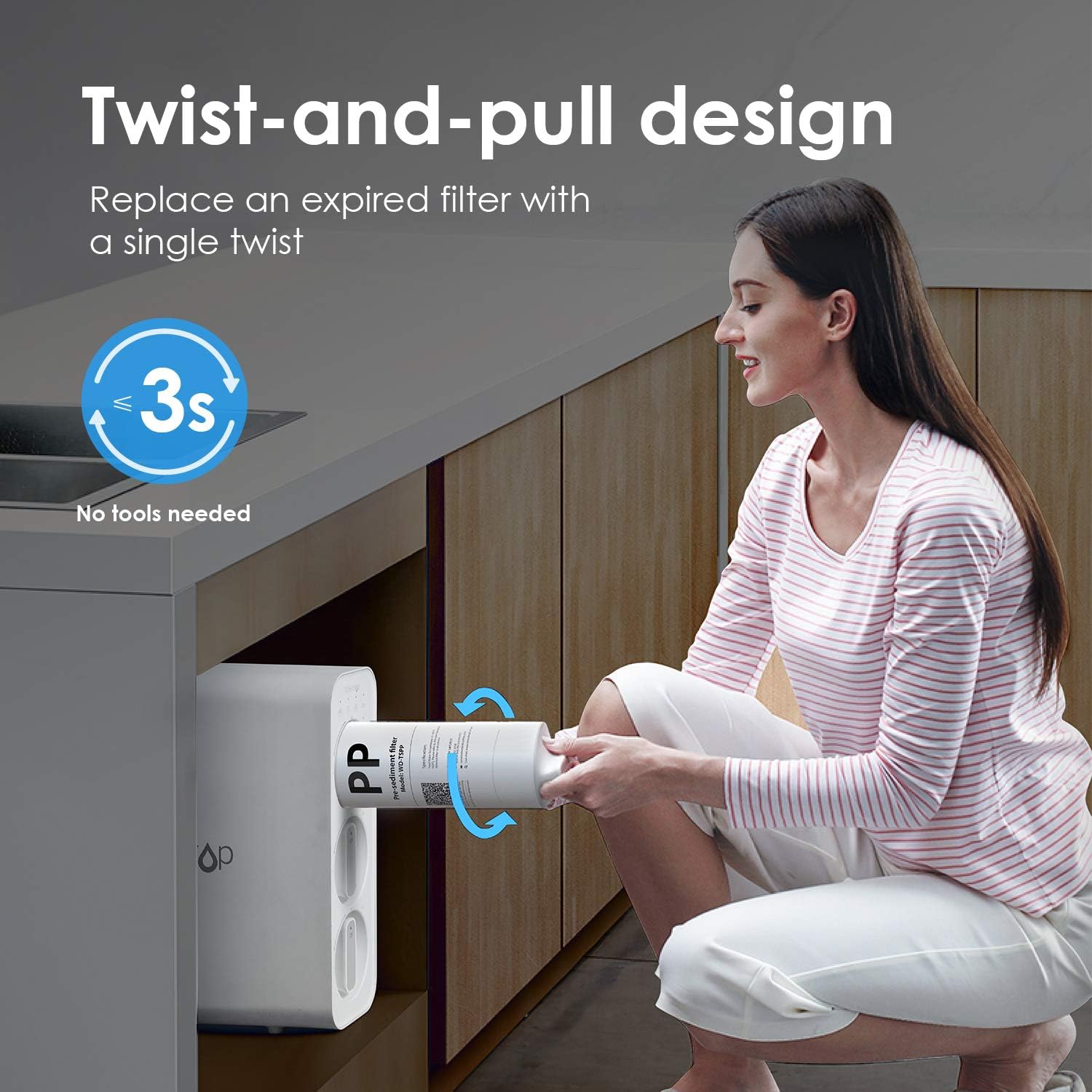 Waterdrop TSU 0.01μm Ultra-Filtration Under Sink Water Filter System, 3-Stage High Capacity to Remove 99.99% of Contaminants Larger than 0.01μm, USA Tech, Smart Panel, No Waste Water, 2 Years Lifetime: Home & Kitchen