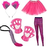 Suhine 5 Pcs Halloween Pink Purple Striped Cat Costume Include Cat Ears Tail Striped Legging Tutu Skirt Gloves for Girl Women