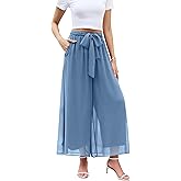 WANGZHI Women's Wide Leg Chiffon Dress Pant Elegant Party Elastic Waist Trouser with Pockets