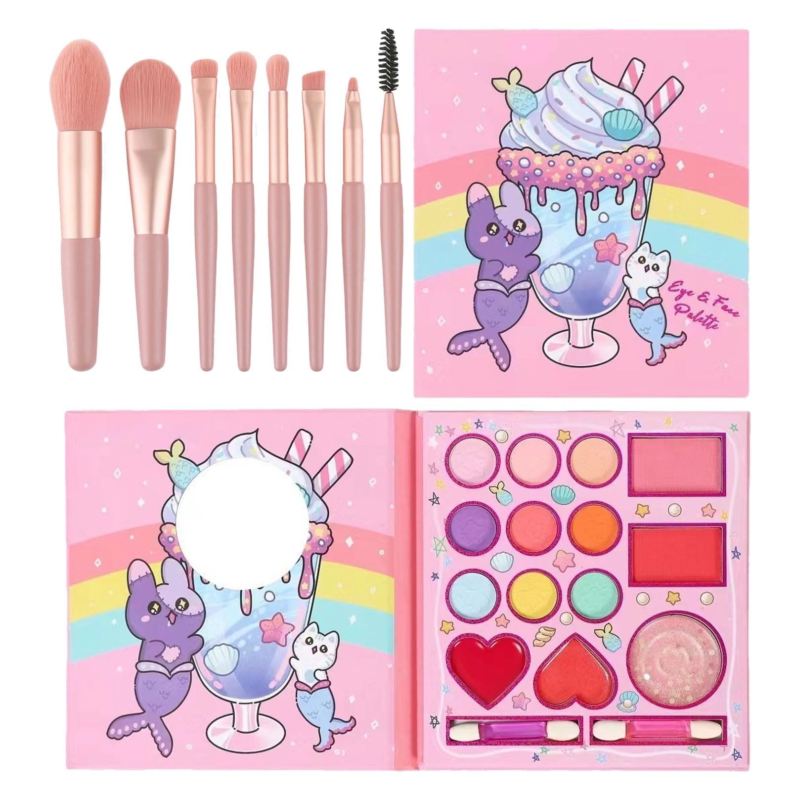 AYNKH 14 Colors Kids Makeup Sets for Girls, Non-Toxic Kids Cosmetics with 8 pcs Pink Washable Brushes, Childrens Princess Play Games, Stage Performance Halloween Birthday Party Beauty Set Gift