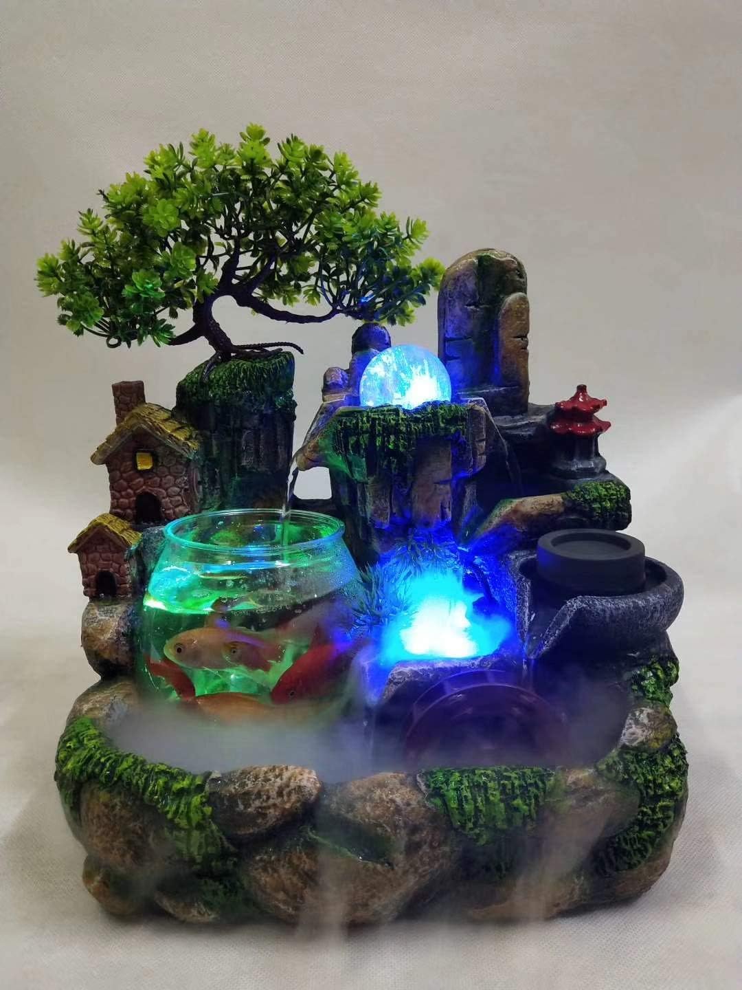 Blueland Indoor Fountains Desktop Fountain Resin Waterfall Zen Meditation Waterfall Home Decoration(Changing Led Lighting)