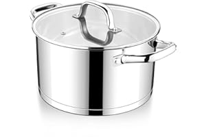 E-far Stainless Steel Stock Pot, 8 Quart Tri-ply Base Cooking Pot with Glass Lid, Induction Soup Pot Compatible with All Stov