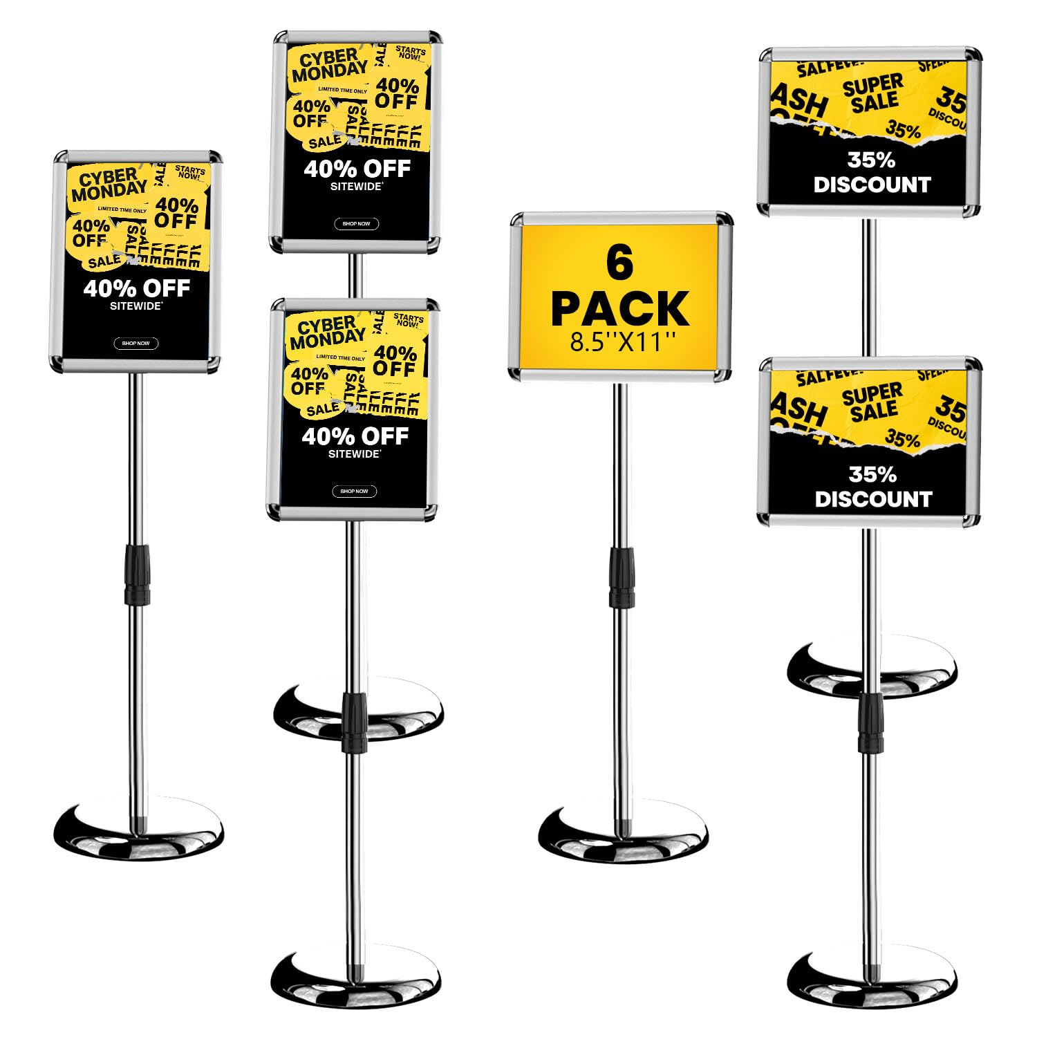 Photo 1 of ***FACTORY SEALED***Adjustable Standing Sign Holder, 8.5 x 11 Inch Sign Stand for Display, Poster Sign Stand with Heavy-Duty Base Pedestal Sign Holder Stand, Safety Rounded Corner for Snap-Open Aluminum Frame, silver (6 Packs)