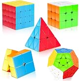 AuntyFey 5 Pack Speed Cube Set, Speed Magic Cube | Speed Cube 3x3, 2x2, 4x4, Pyramid Megaminx Stickerless Cube for Kids Toddlers Adults, Puzzle Cube Set for Kid