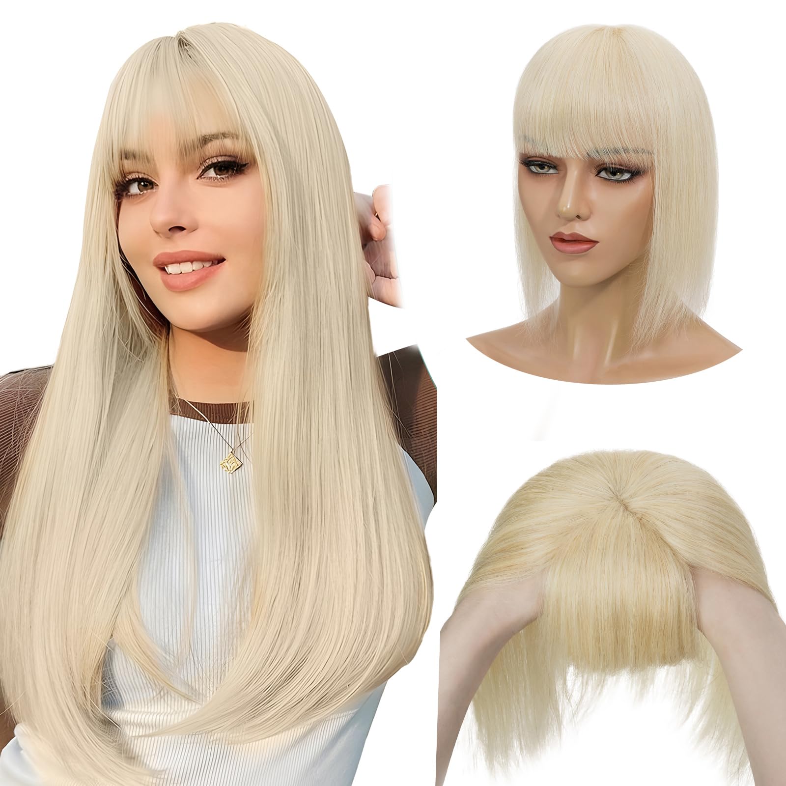 Elailite Hair Toppers with Bangs for Thinning Hair Women uk Real Hair - Human Hair Extension Invisible Hairpiece Clip in (#60 Platinum Blonde, 12 inch) — image 1