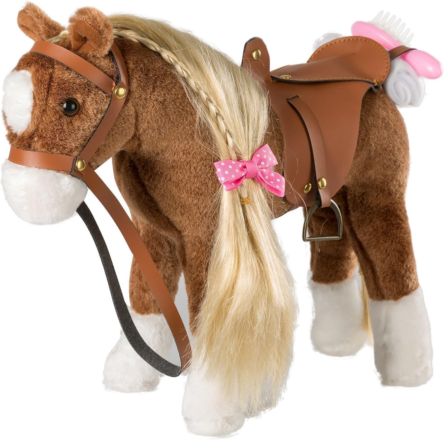 BEJOY Horse Toy Plush Horse Fighter with Saddle, Bridle and Cotton Cloth, Gift for Girls and Kids, 28cm Brown