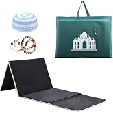 Foldable Muslim Prayer Mat with Back Rest Support, Thick Padded Islamic Prayer Rug, Travel Portable Carpet for Women Men, janamaz, Sajadah, Meditation Prayer Ramadan Eid Gift with Hat and 33 Beads