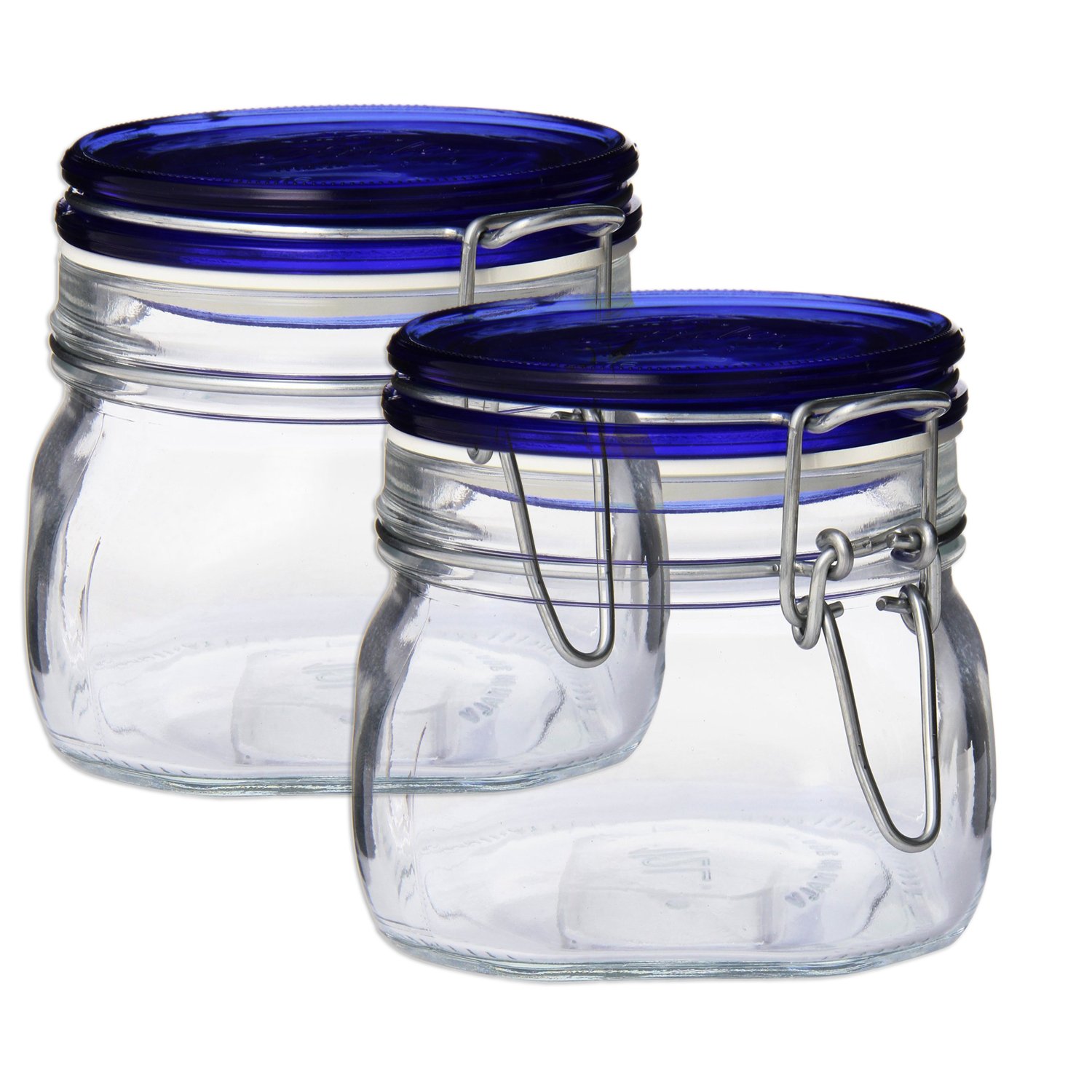 Bormioli Rocco Set OF 2 Bormioli Rocco Fido Square Jars With Blue Bail And Trigger Lids, 17-1/2-ounc