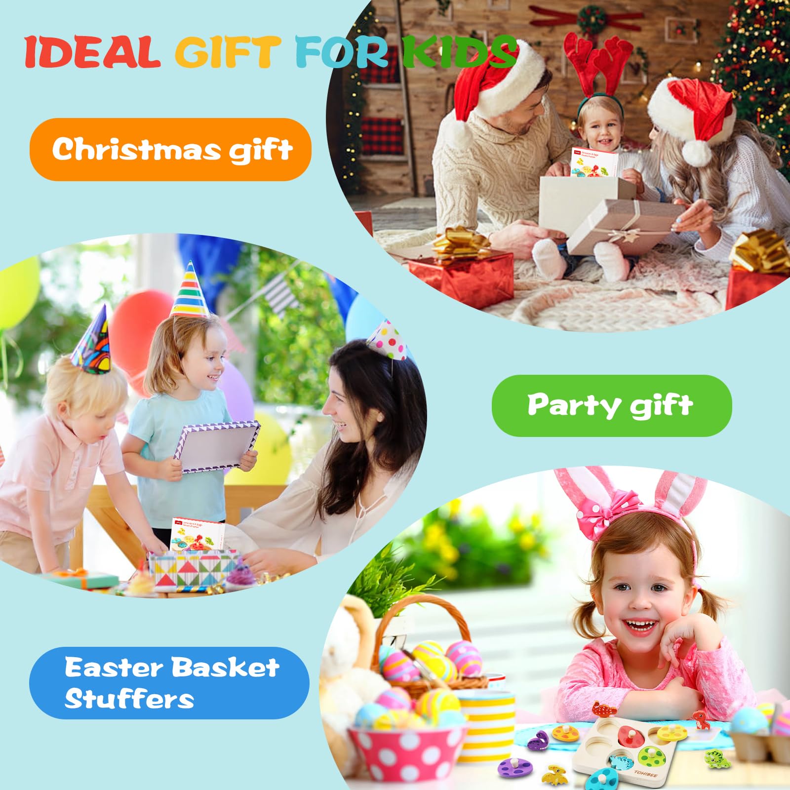 TOHIBEE Wooden Puzzles Montessori Toys for Toddlers 1-3, Dinosaur Eggs Peg Puzzles, Preschool Education Learning Toys for Boys and Girls, 6 Brightly Color Cute Dinosaur Shapes