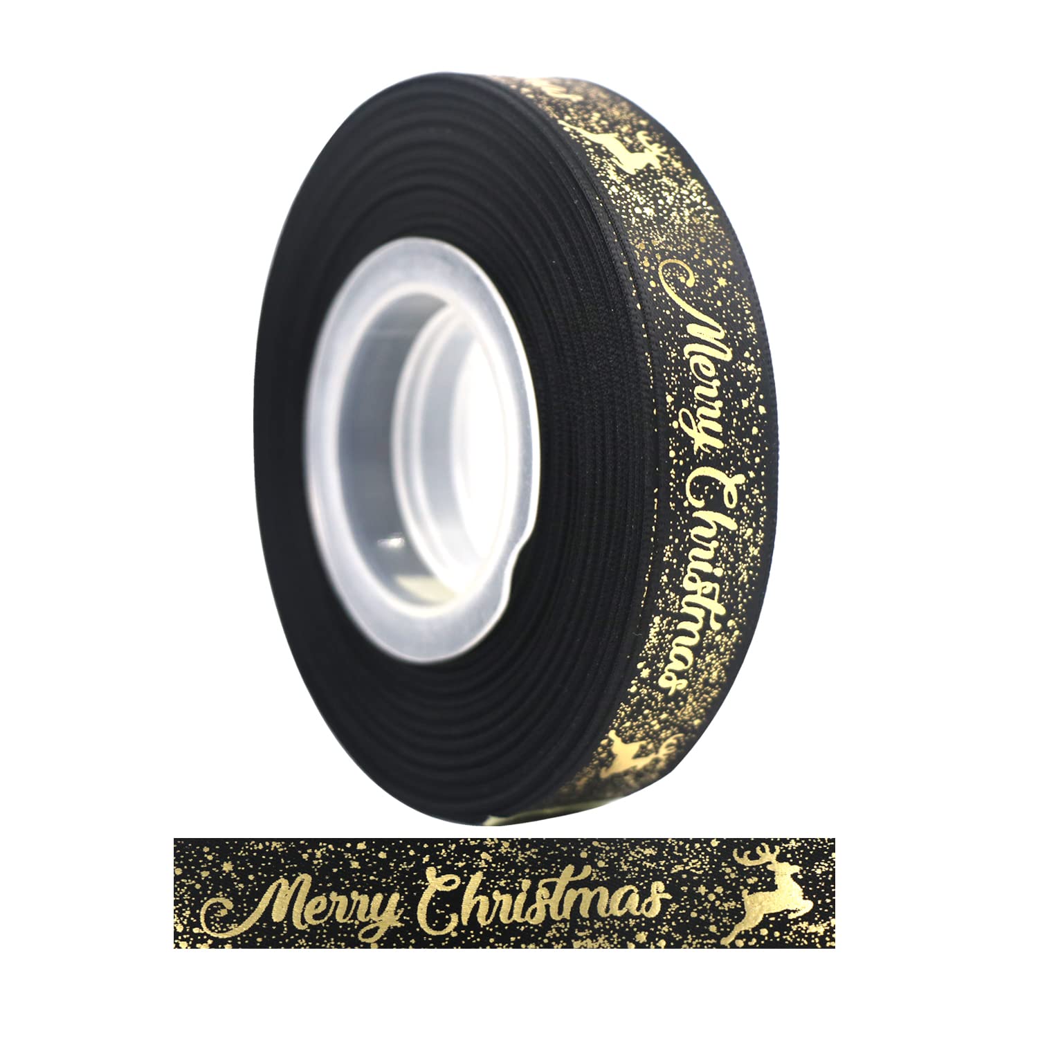 LOOGI Merry Christmas Ribbon 22m, 15mm Satin Ribbon Wide Glitter Black Grosgrain Ribbon for Gift Wrapping Crafts Wreaths — image 1
