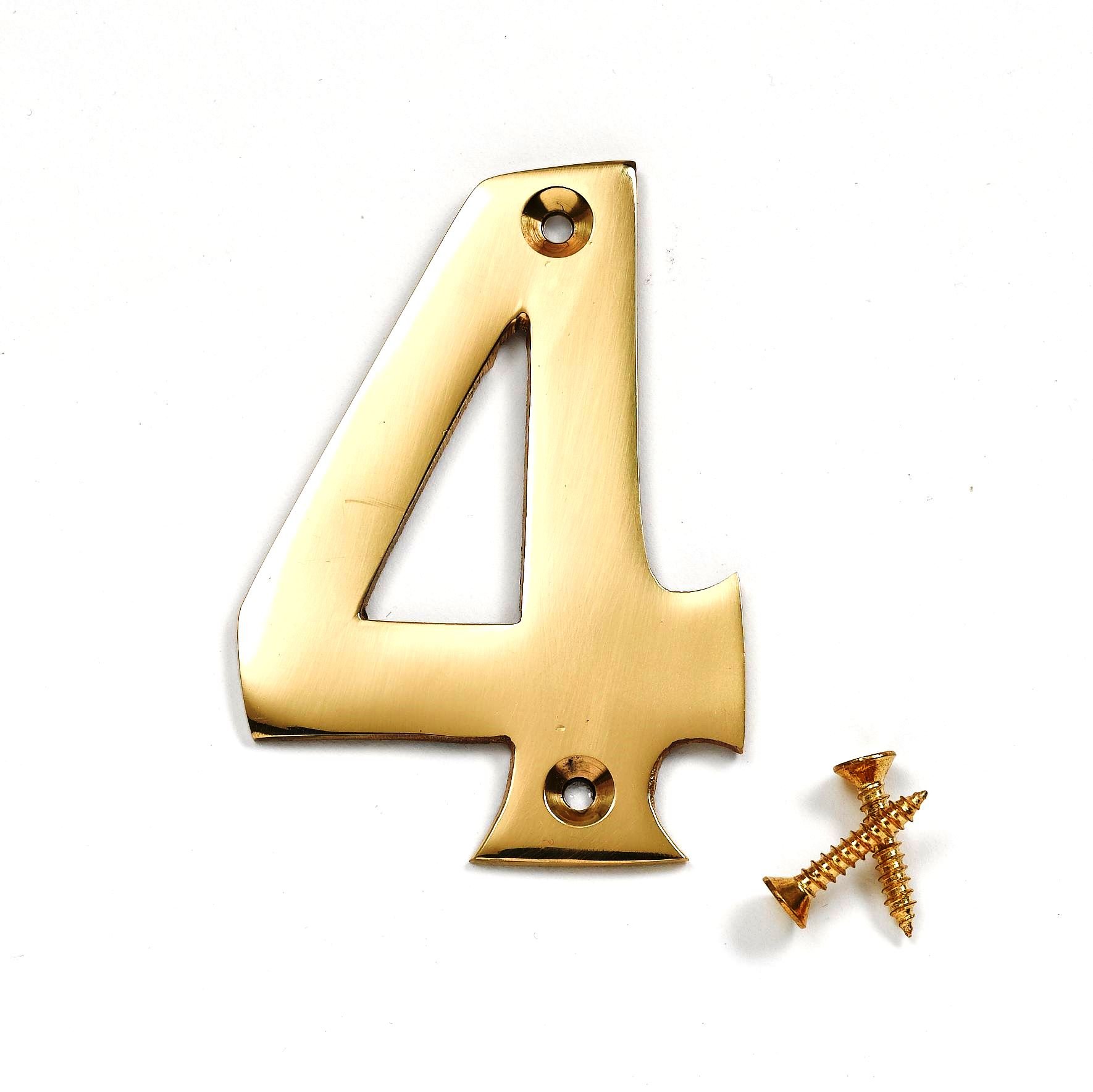 Merriway BH04271 Polished and Lacquered Solid Brass Screw-On House Flat Gate Post Numeral 50 mm (2 Inch) Number 4