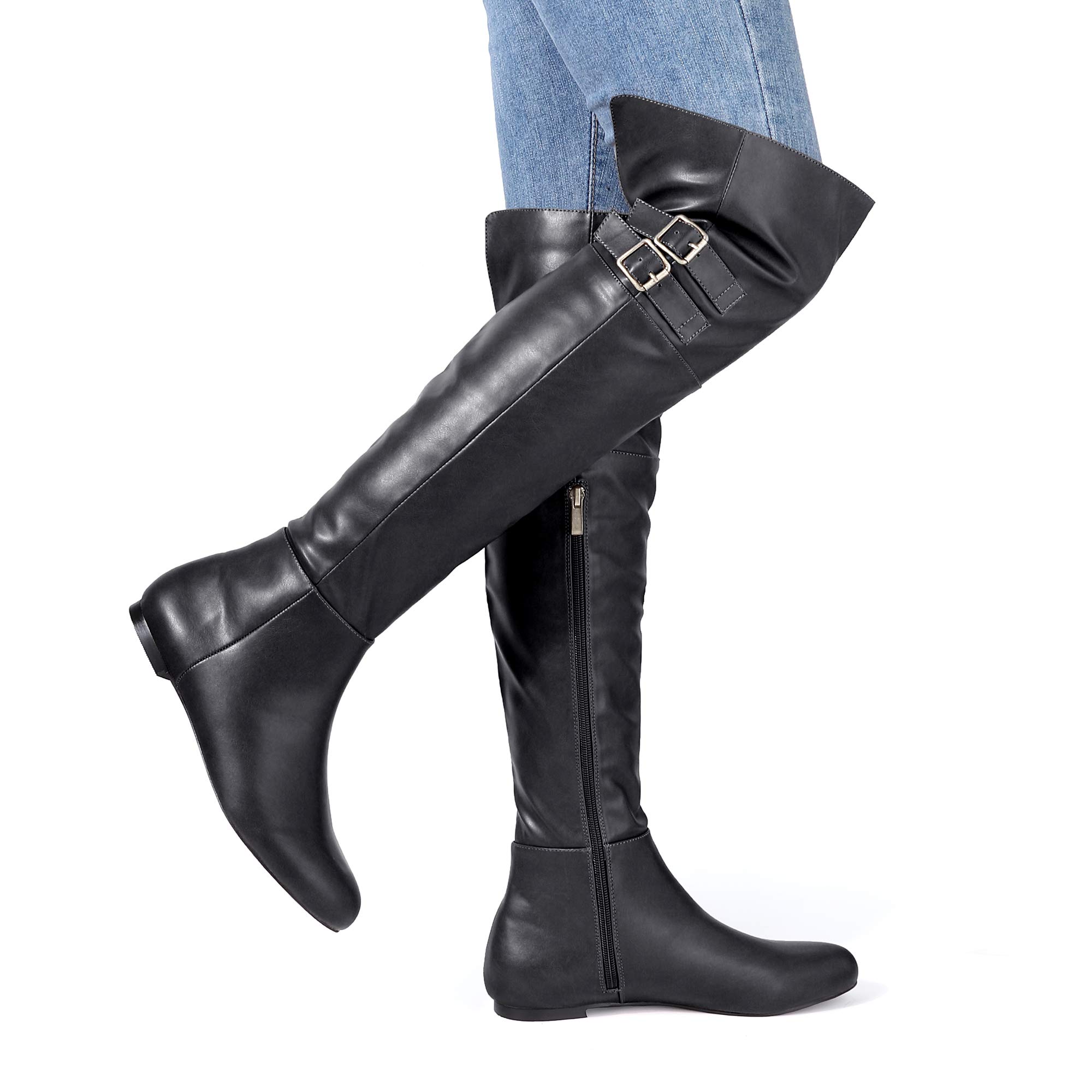 IDIFU Women's HFIONN-D Fashion Casual Buckle Size Zipper Over The Knee Boots Winter Riding Boots (Black Pu, 10) - Image 3