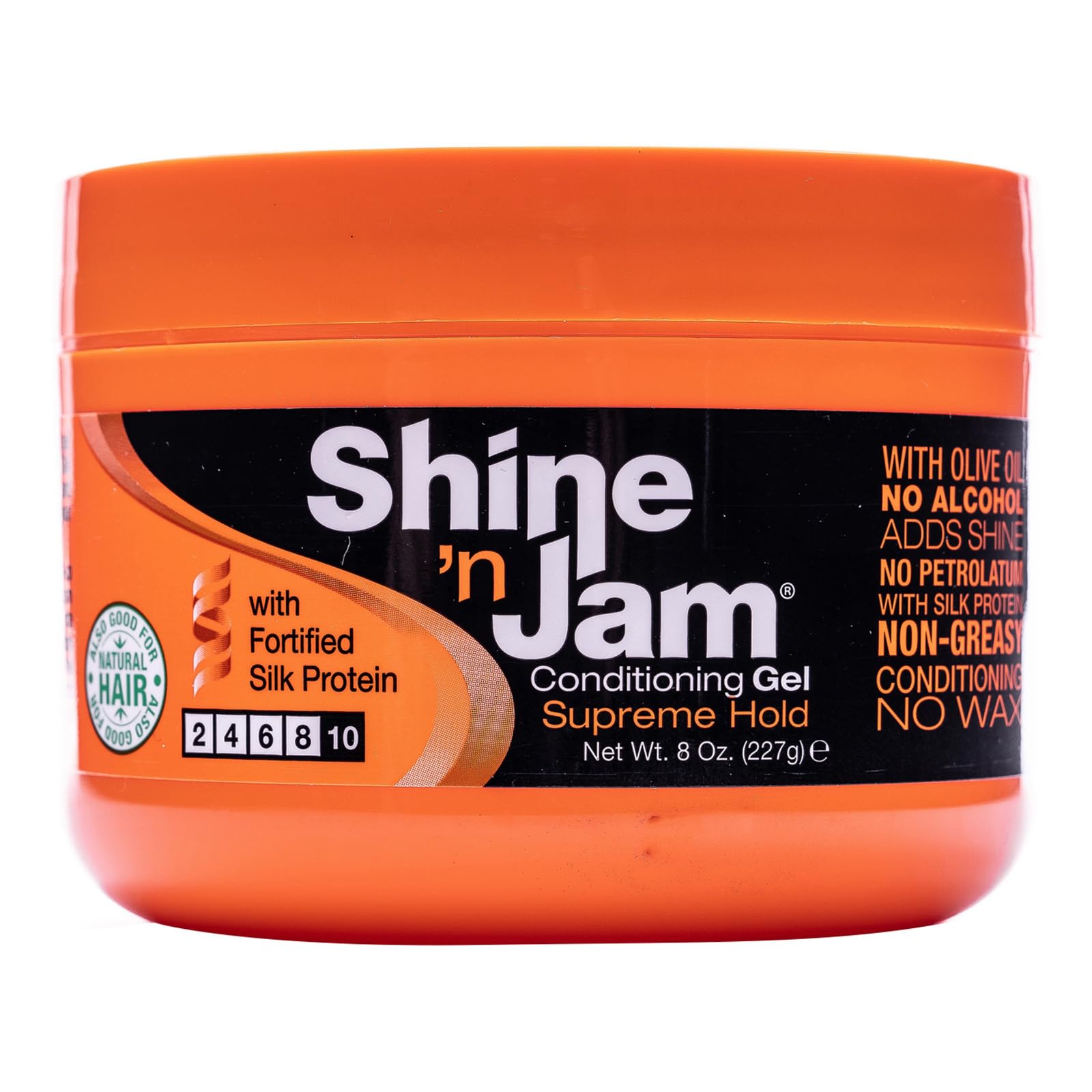 Ampro Shine-n-Jam Supreme Hold - Conditions Hair with Olive Oil and Silk Protein - Great for Smoothing Fringe, Ponytails, and Up-dos - Firms Tresses with Non-Greasy Shine - 227 g