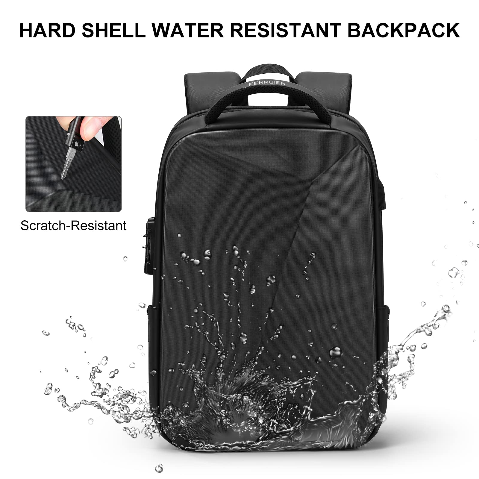 FENRUIEN Anti-Theft Hard Shell Backpack 15.6-Inch,Expandable Slim Business Travel Laptop Backpack for Men,Water Resistant Black Laptop Bag with USB Port