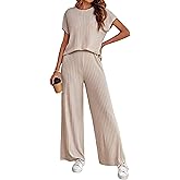 LTSCNRM Women's 2two Piece Outfits Sweater Sets Casual Loose Knit Crewneck Short Sleeve Tops Wide Leg Pants