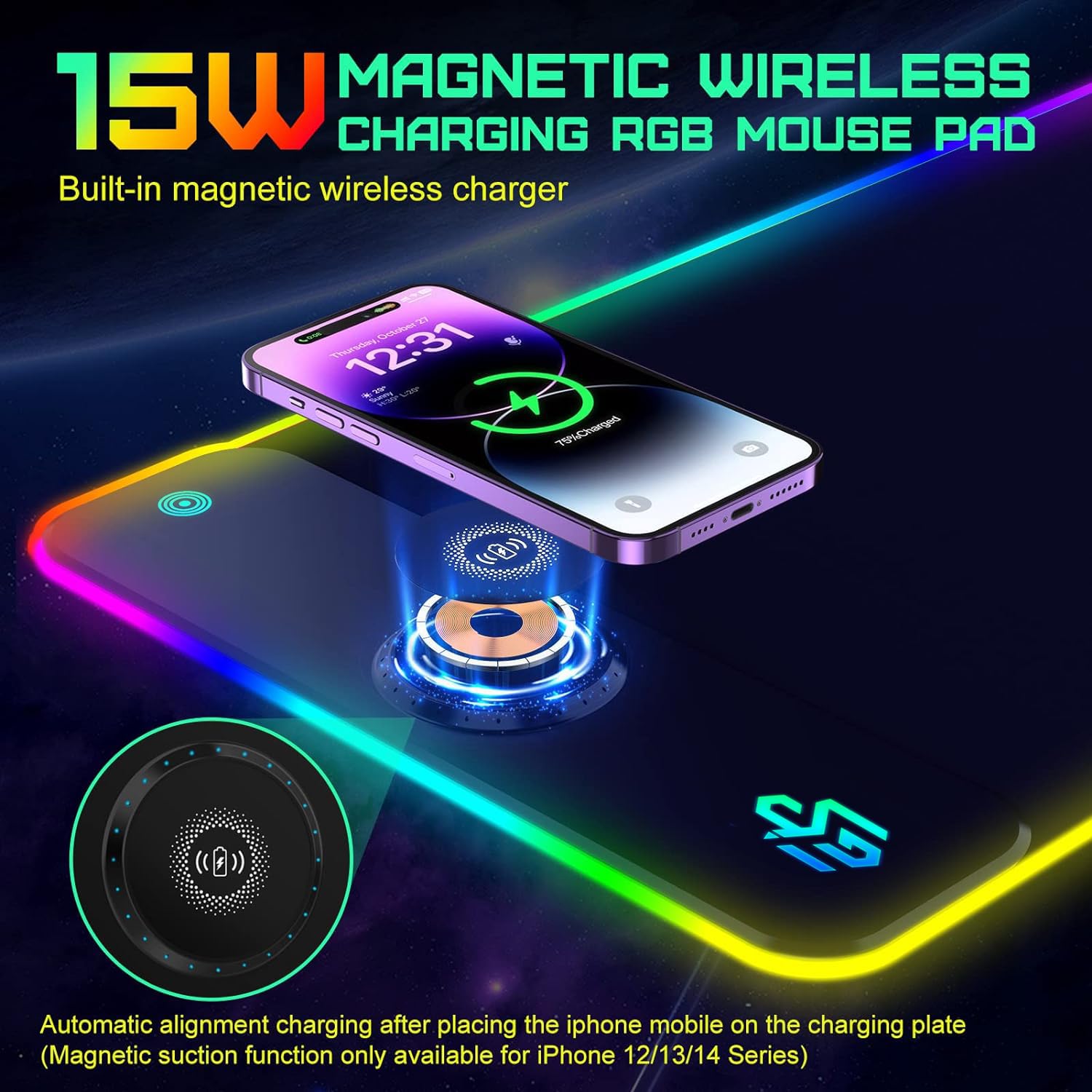 RGB Gaming Mauspad 15W Qi Mousepad LED, 10 Beleuchtungsmodi mit 15W Schnellladung Qi Kabelloses Laden für I-Phone Handy, Kopfhörer, Wasserdicht, rutschfest für Gaming, Schreibtische, PC und Büro 2