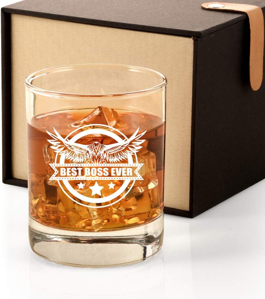 Best Boss Ever Whiskey Glass Gifts for Boss, Funny Men's Birthday Christmas Day Gifts for Boss Supervisor Office Administrator Mentor Manager Coach Friends - Includes Linen Gift Box