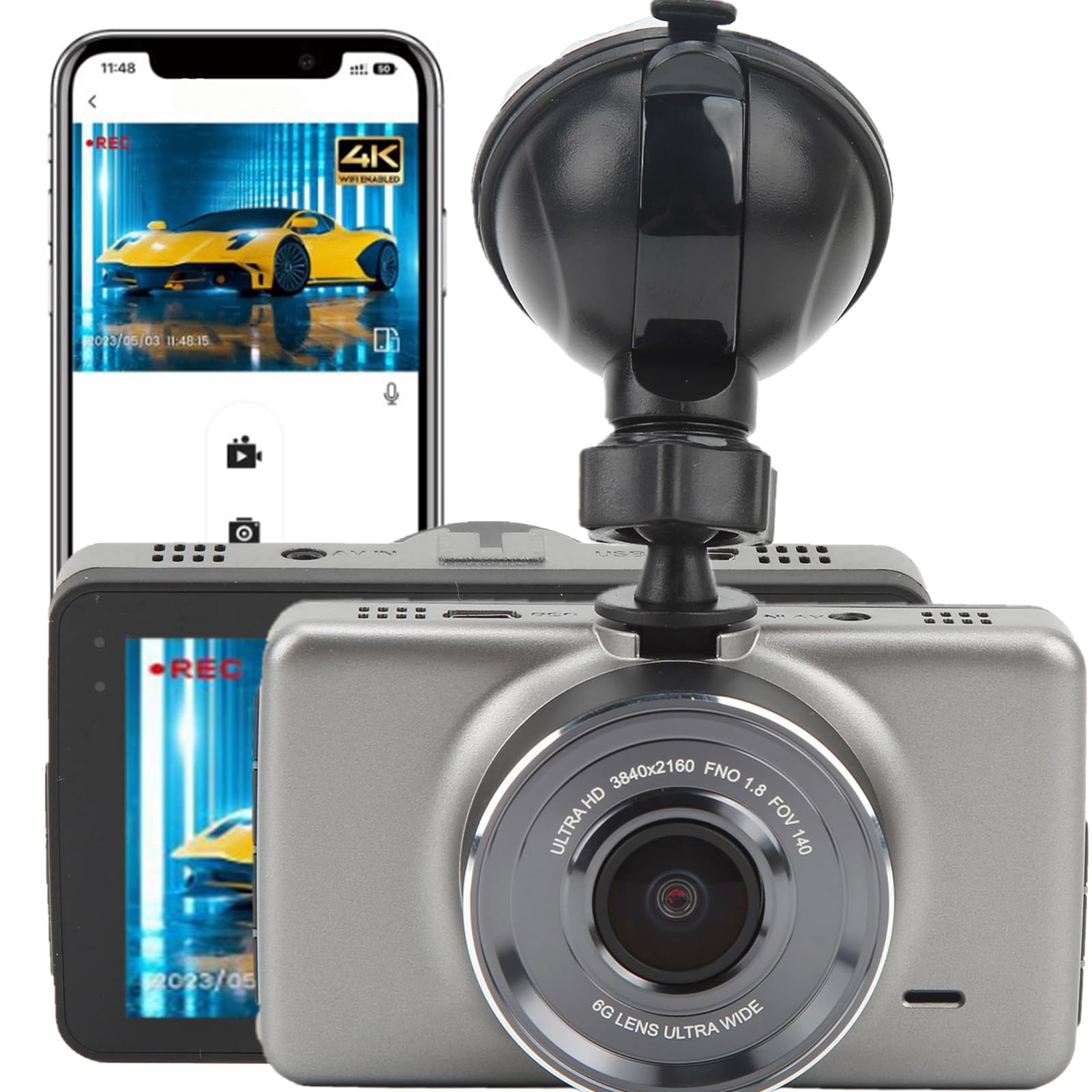 Dash Cam Car Camera, 4K 1080P FHD Car Dashcam Front and Rear Dual Camera Video Recorder with Night, G-sensor, 170 Wide Angle, Wifi Phone APP Control