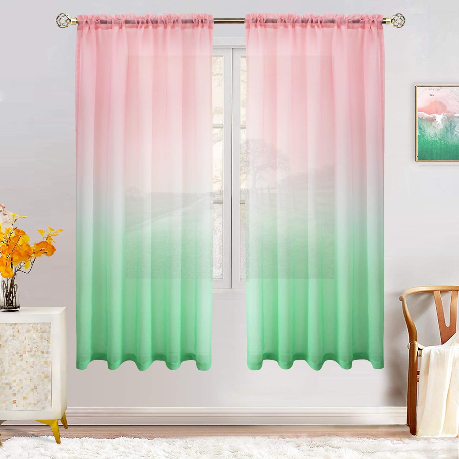 Faux Linen Ombre Sheer Curtains for Bedroom Girls Room