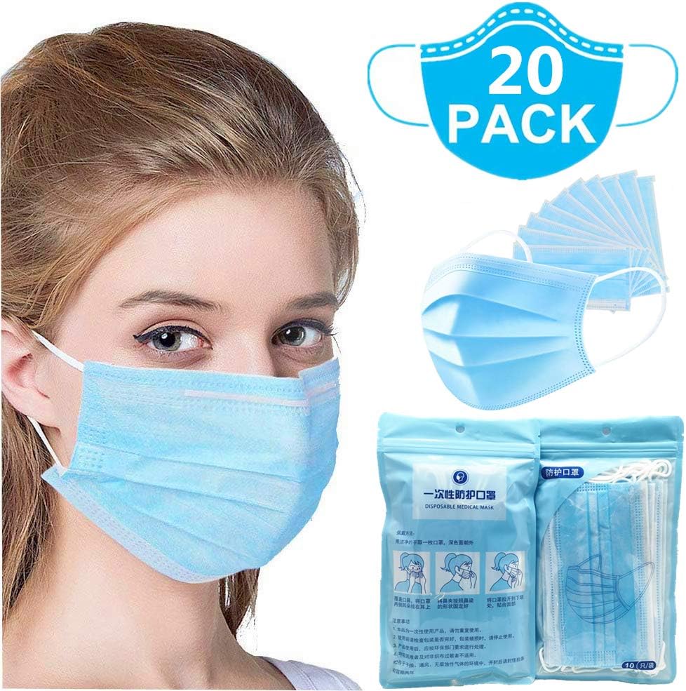 20Pcs Disposable Face Masks - Disposable Protective Mask Dust Breathable Earloop Face Mask Comfortable Mouth Mask Thick 3-Layer Masks (Blue)