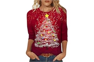 Womens Christmas 3/4 Sleeve Shirts Sparkly Xmas Trees Graphic Tunic Tops Loose Fit Casual Tees Holiday Outfits