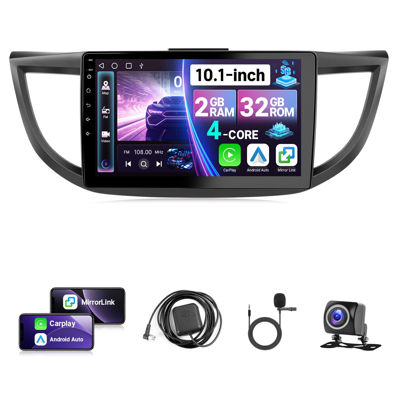 Photo 1 of 10.1" Android Car Stereo for Honda CRV 2012 2013 2014 2015 2016 Radio with Wireless CarPlay Android Auto, 2+32GB Touch Screen for Honda CR-V with GPS/5G WiFi/5.1BT/FM/SWC/MIC/Backup Camera + CANBUS