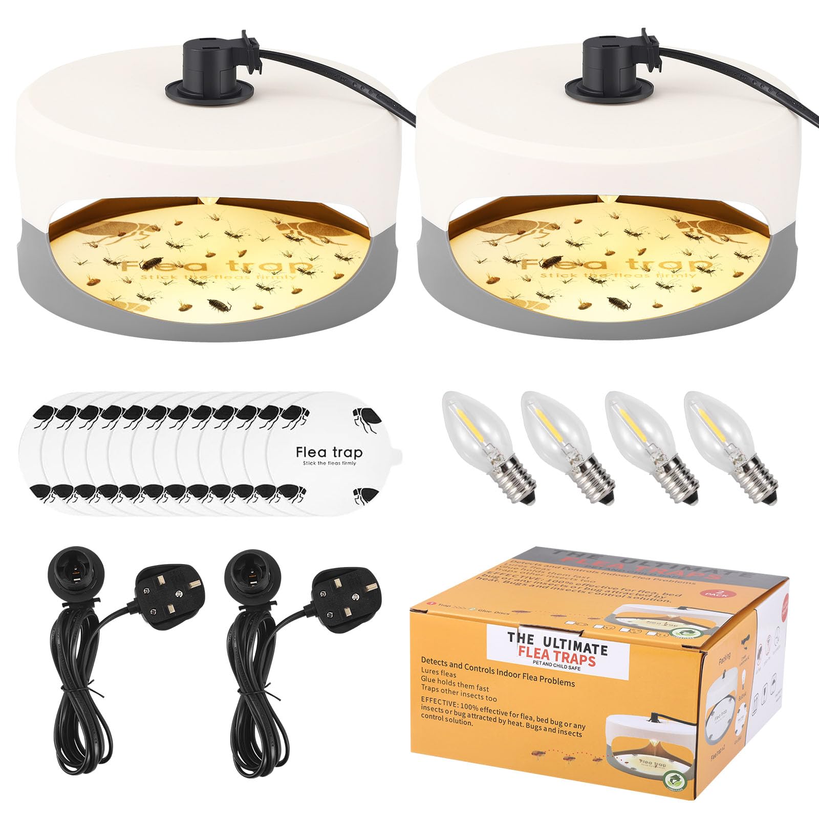 2 Pack Flea Trap, Flea Lamp Traps for House with 4 LED Bulbs, 12 Sticky Paper, Non-Toxic, Odorless, Fleas Catcher for Home Carpets Bedding