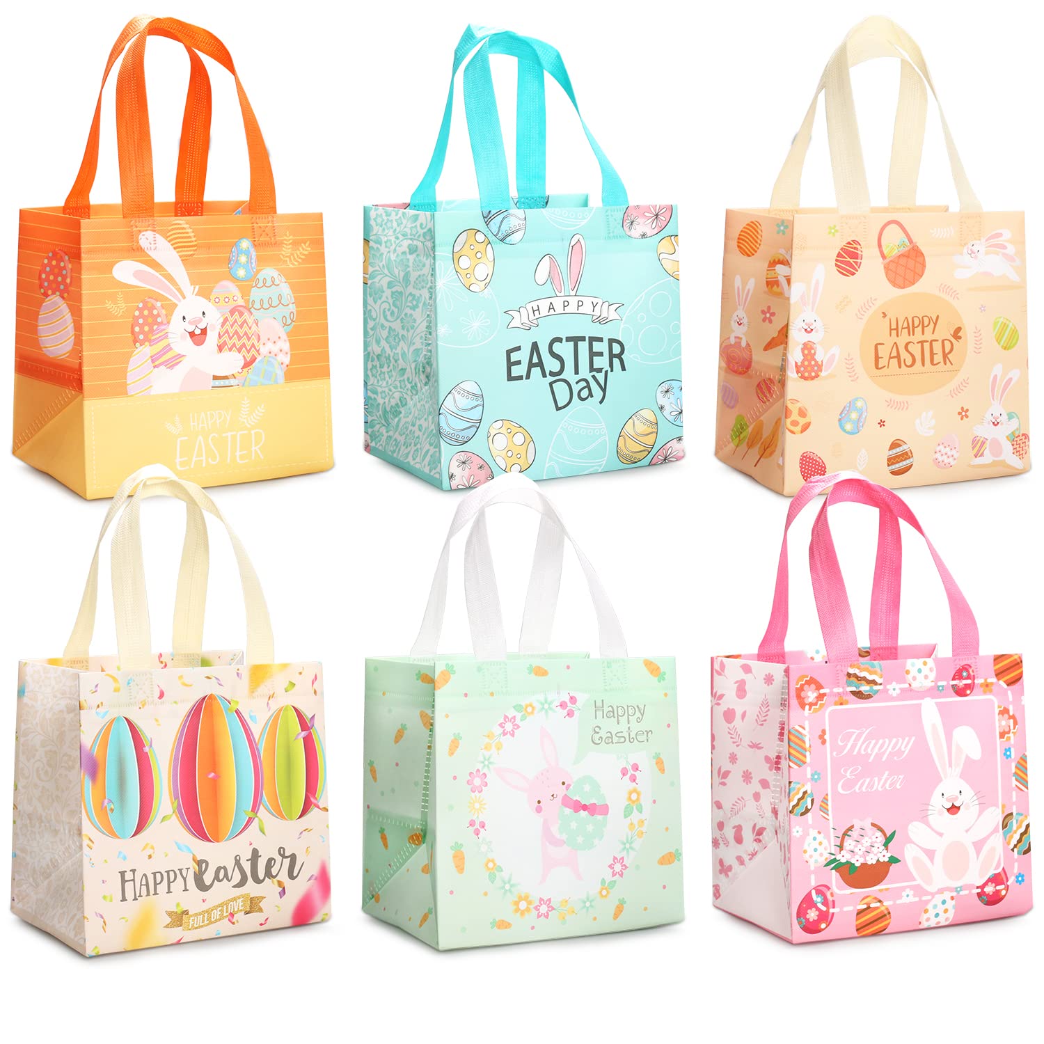 6PCS Happy Easter Egg Hunt Bunny Carrot Chick Egg Non-woven Treat Bags with Handles, for Gifts Wrapping, Party Supplies, 21×20×15cm