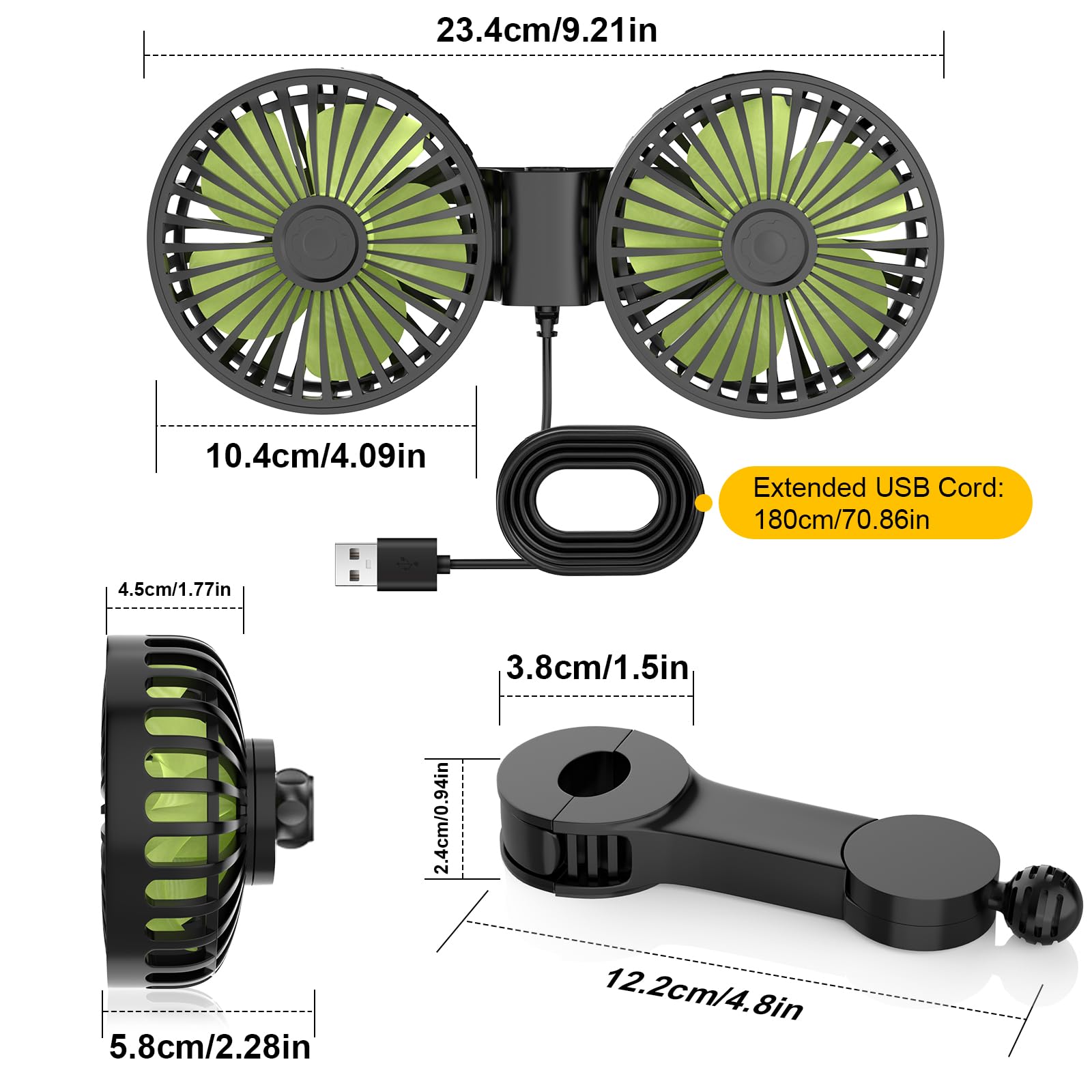 USB Car Cooling Fans for Backseat: Dual Head Car Fan for Kids 3 Speeds 360° Rotatable Vehicle Rear Headrest Fans 5V Powerful Electric Air Circulation Fan for Sedan SUV RV Truck (USB Plug)