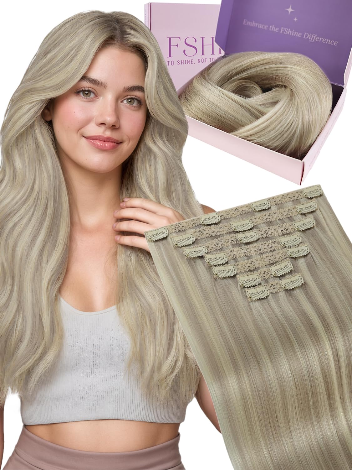 Fshine Clipin Real Hair Blonde Human Hair Extensions 16inch Ash Blonde Mixed Bleach Blonde 18/613 Real Hair Extensions Clip in 120g — image 1