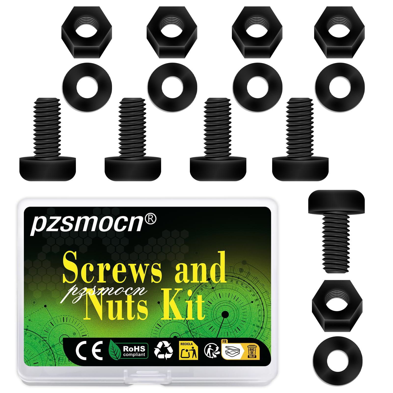 Pzsmocn 300 Pieces/100 Sets M3*8 mm Plastic Black Nylon Cross Round Head Screw Hexagonal Nut Combination Kit, with Insulating Washers, Standard Size, For DIY and Electronic Assembly. — image 1